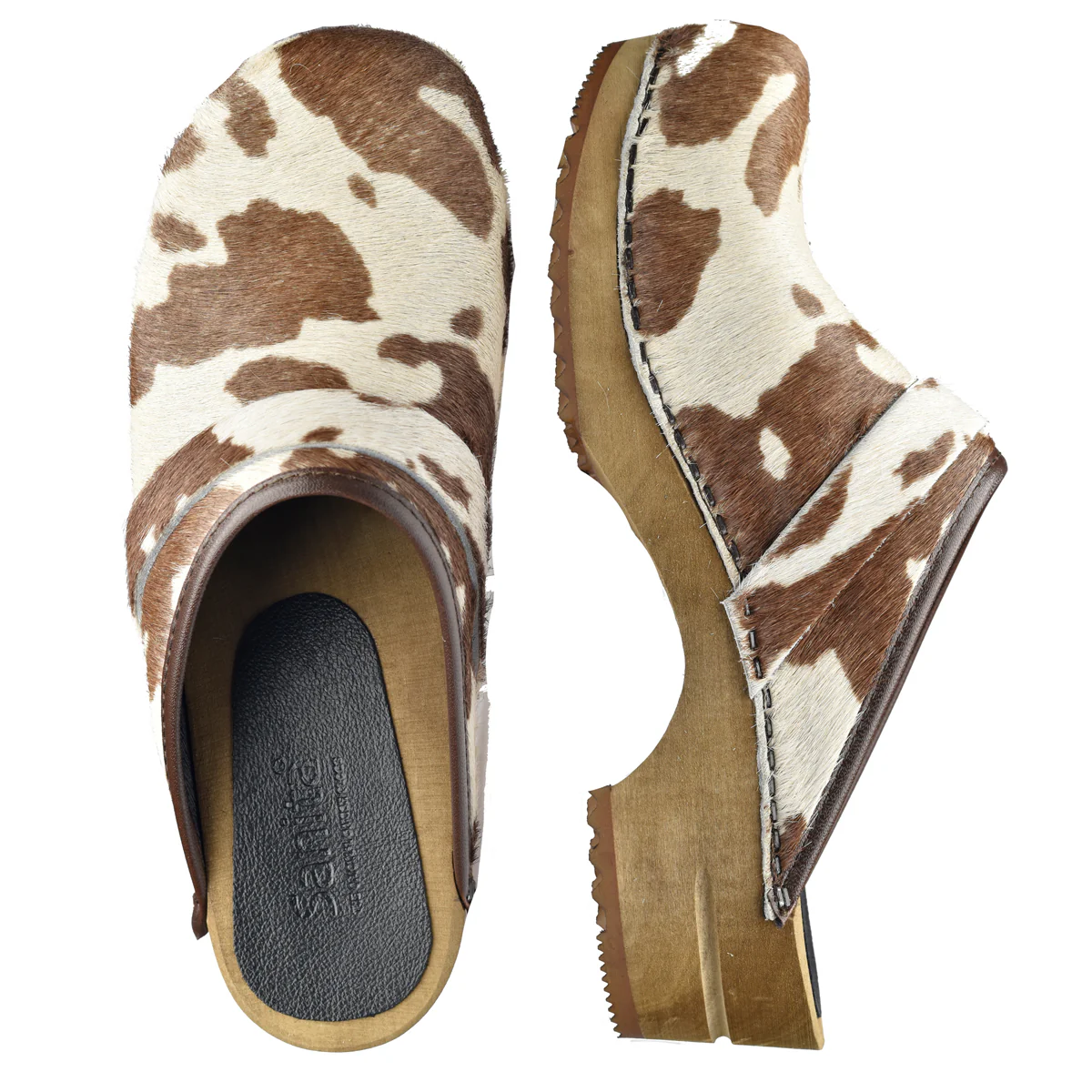 Caroline Women's Cow Print Wood Clog in Brown/White - Image 3