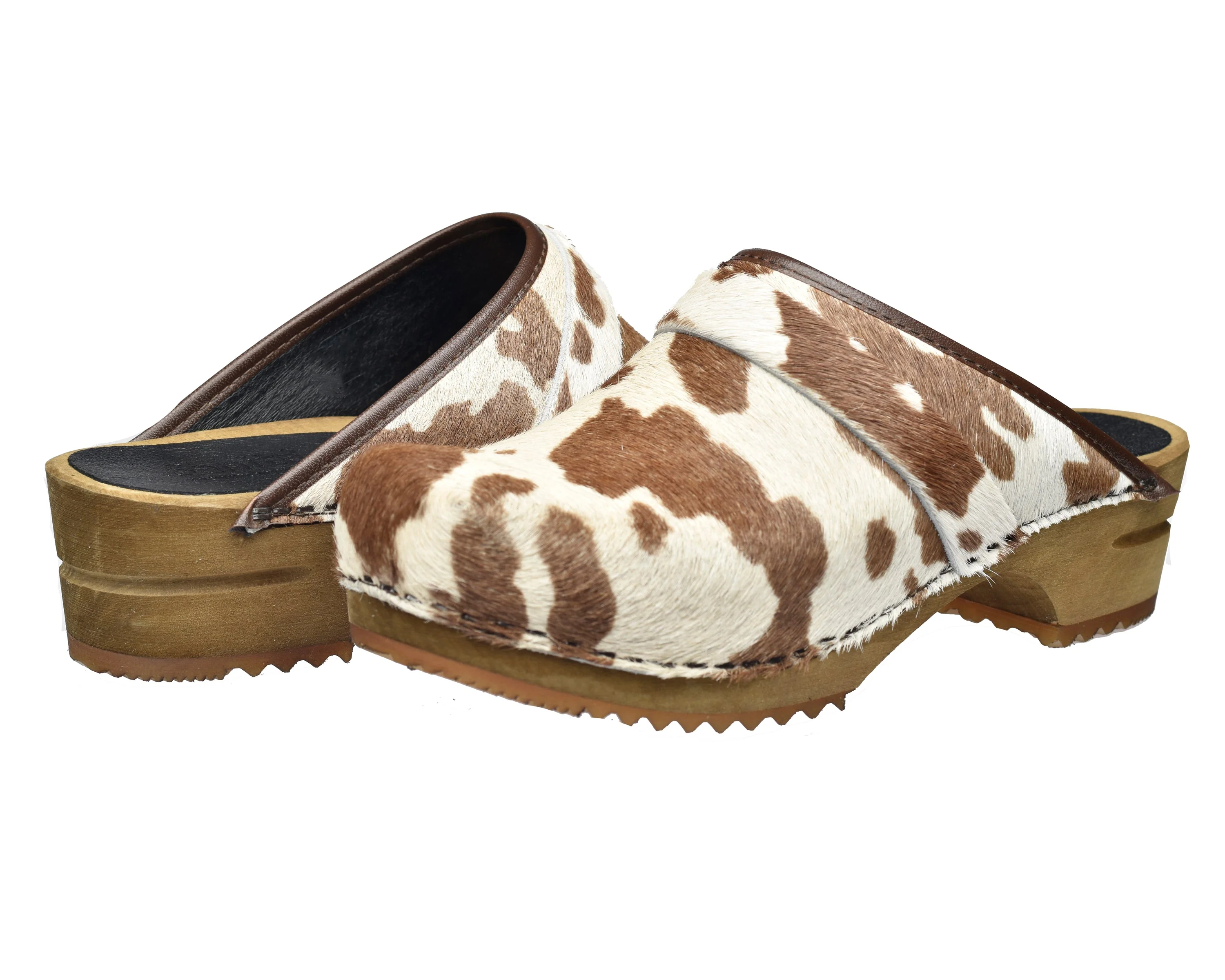 Caroline Women's Cow Print Wood Clog in Brown/White - Image 4